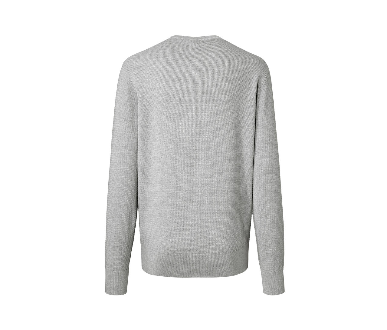 Grauer Pullover mit Rundhalsausschnitt.