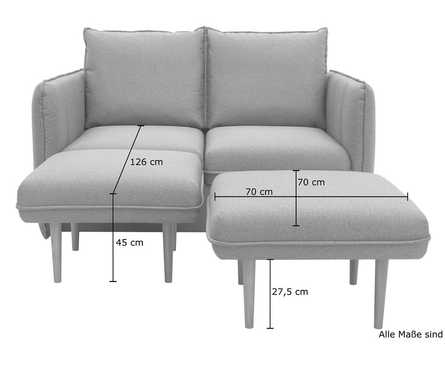 Graues DOMO collection 2-Sitzer-Sofa »Ronda« mit Hockern und Maßangaben.