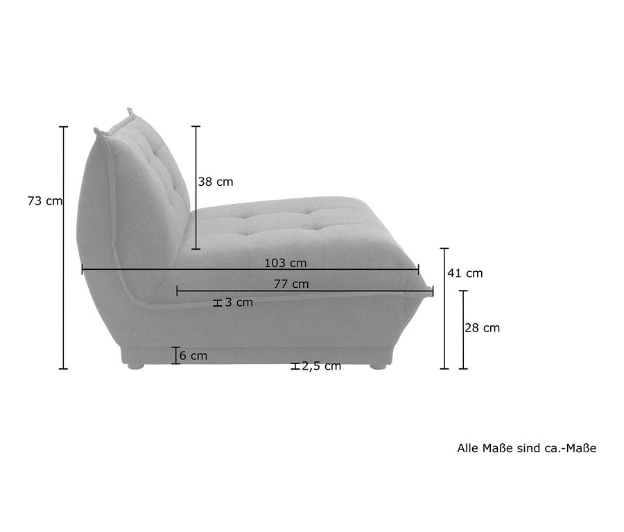 Abbildung eines DOMO collection Loungesessels »Lugo« mit Maßangaben.