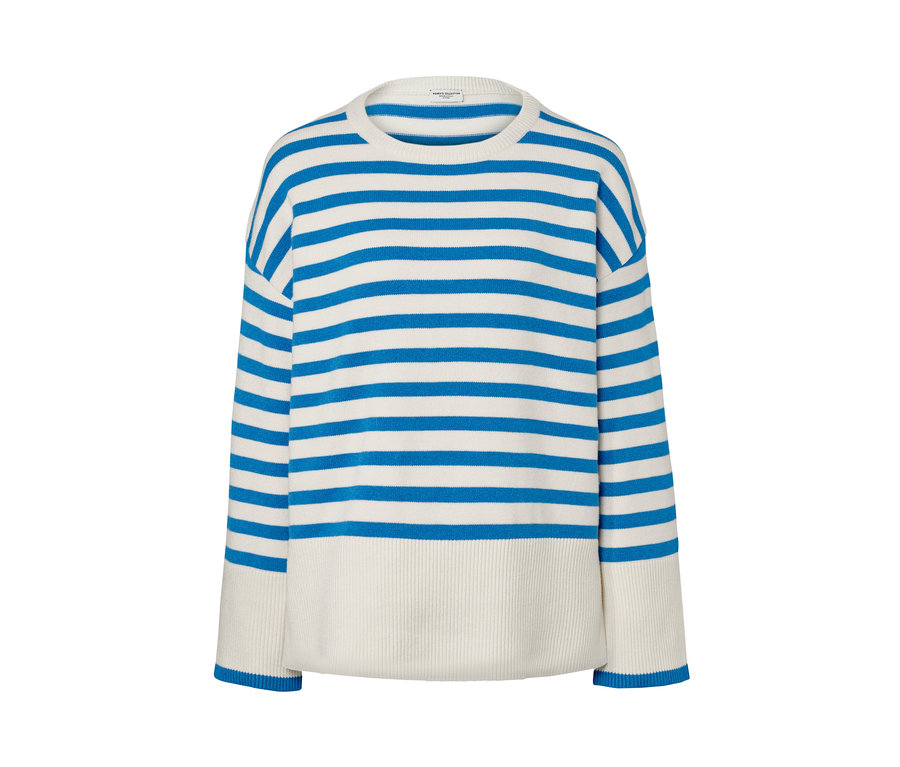 Gestreifter Strickpullover mit blauen und weißen Streifen.