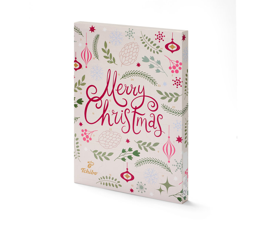 Ein Tchibo-Adventskalender mit der Aufschrift Merry Christmas und weihnachtlichen Motiven.