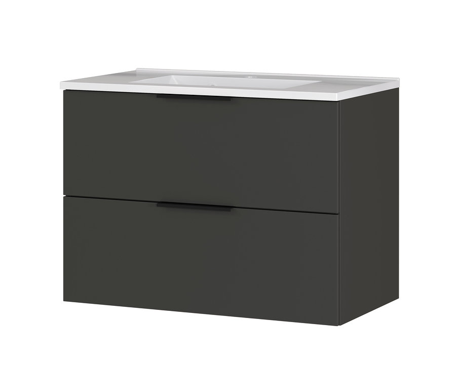 Ein grauer Dalvik Waschtisch-Unterschrank mit zwei Schubladen unter einem weißen Waschbecken.