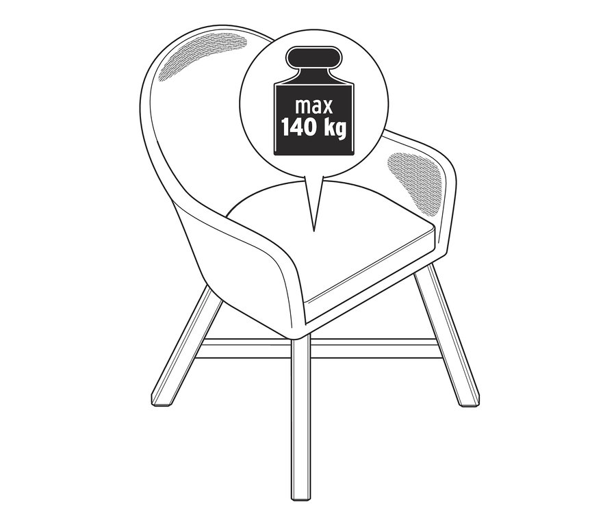Umrisszeichnung eines Teak-Esszimmerstuhls aus einem Teak-Dining-Set mit einem Gewichtslimit von 140 kg.