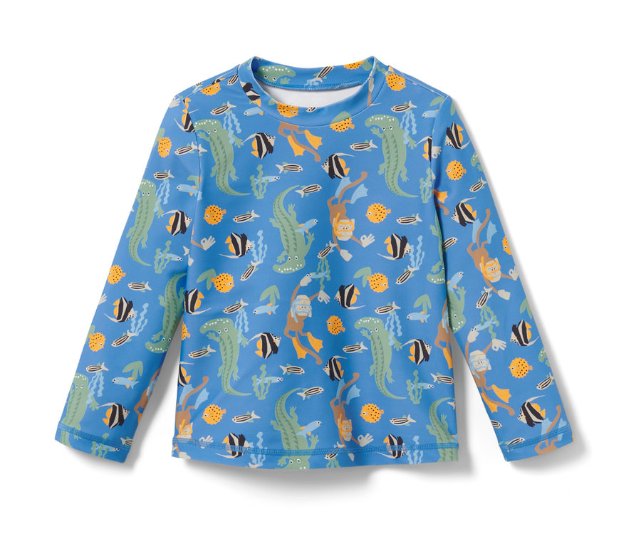 Blaues Kinder-Shirt mit UV-Schutzfaktor 80, bedruckt mit Alligatoren, Fischen und Tauchern.