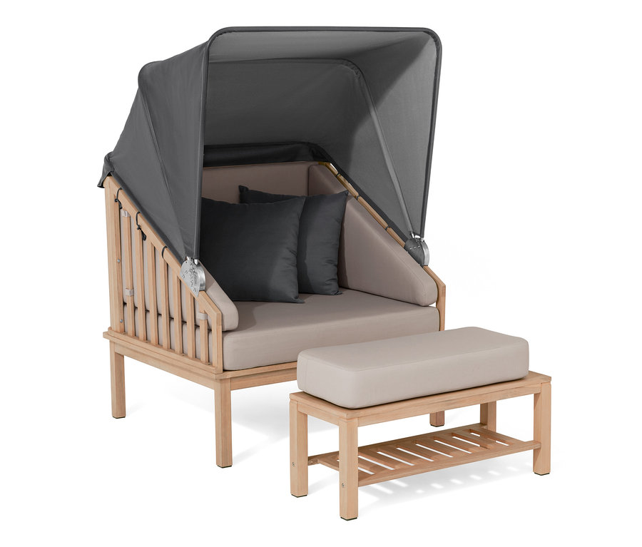 Premium-Lounge-Strandkorb mit Sonnenschutz-Dach und Fußteil.