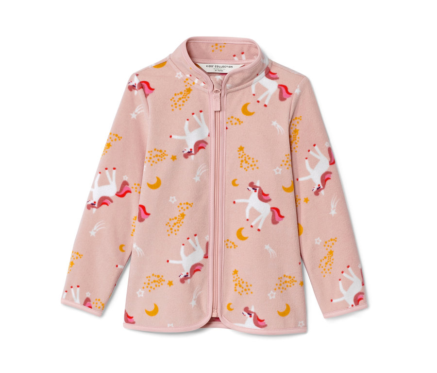 Rosa Kinder-Fleecejacke mit Einhorn-Muster.