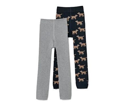 Zwei Kinder-Strickleggings mit Stickerei, eine grau, die andere marineblau mit Hundemuster.