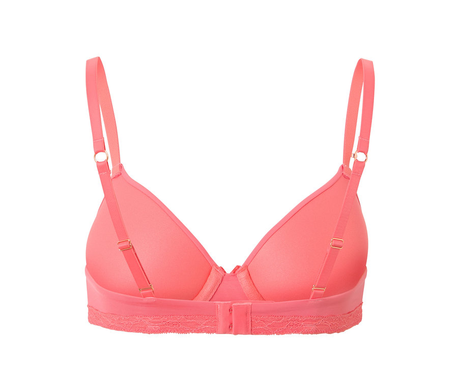 Detailaufnahme eines T-Shirt-BHs in Papaya-Farbe mit verstellbaren Trägern und Rückenverschluss.