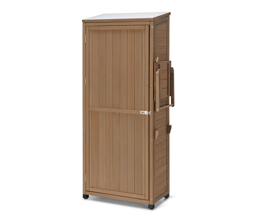 Ein großer Gartenschrank »Tinus« aus braunem Holz mit hochgeklapptem Seitenregal.
