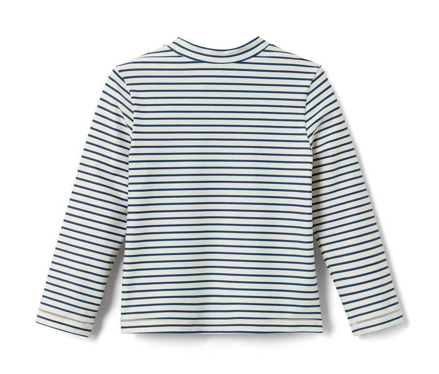 Gestreiftes Kinder-Shirt mit UV-Schutzfaktor 80, lange Ärmel, blau-weisse Streifen.