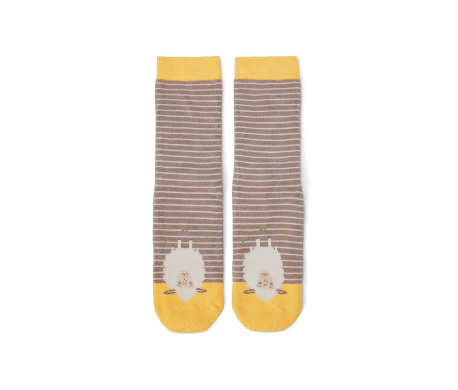 Zwei Paar Kinder-Antirutsch-Socken mit braunen Streifen und Schafmotiv.