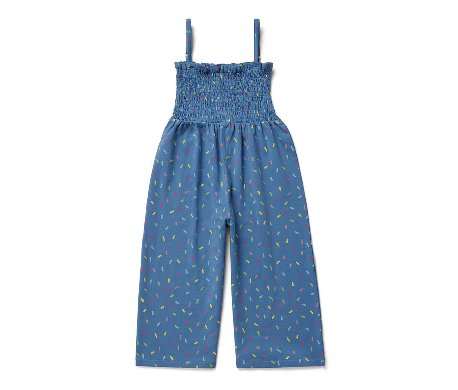 Blauer Jumpsuit in 7/8-Länge mit farbigem Muster.