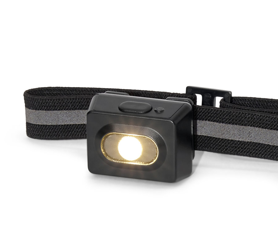 Nahaufnahme einer schwarzen Stirnlampe.