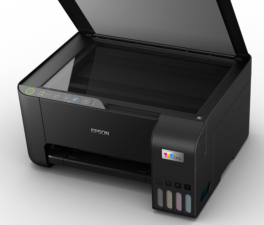 Schwarzes Epson EcoTank ET-2810 3-in-1 Multifunktionsgerät mit geöffnetem Scanner.