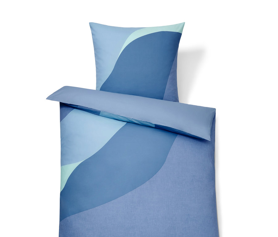 Blaue Premium-Baumwoll-Bettwäsche in Normalgröße und Übergröße mit geometrischem Muster.