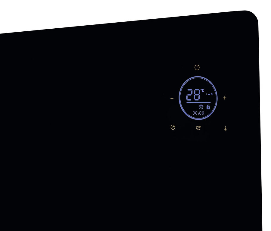 Schwarzes Glaspanel mit Digitalanzeige, die 28 Grad Celsius anzeigt. EASYmaxx Glaspanel-Heizkonvektor