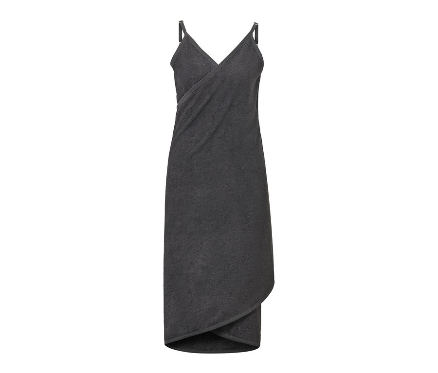 Ein anthrazitfarbenes Handtuchkleid mit Trägern.
