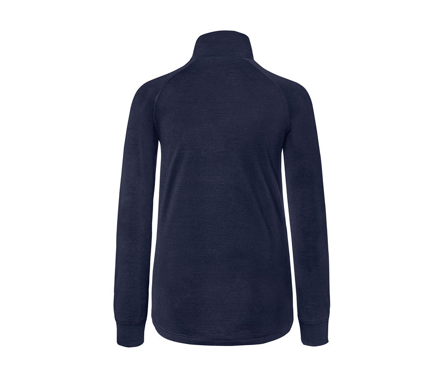 Dunkelblaues Shirt mit langen Ärmeln mit RWS-zertifizierter Wolle, Rückansicht.