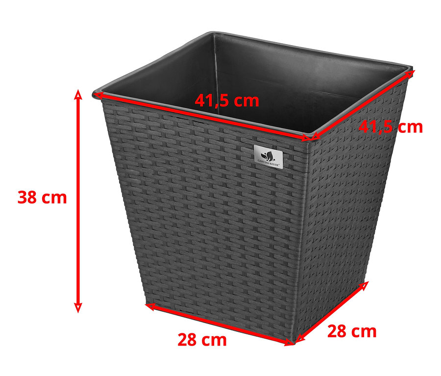 Abmessungen des anthrazitfarbenen XL-Pflanzgefäßes aus Polyrattan: 41,5 x 41,5 x 38 cm.