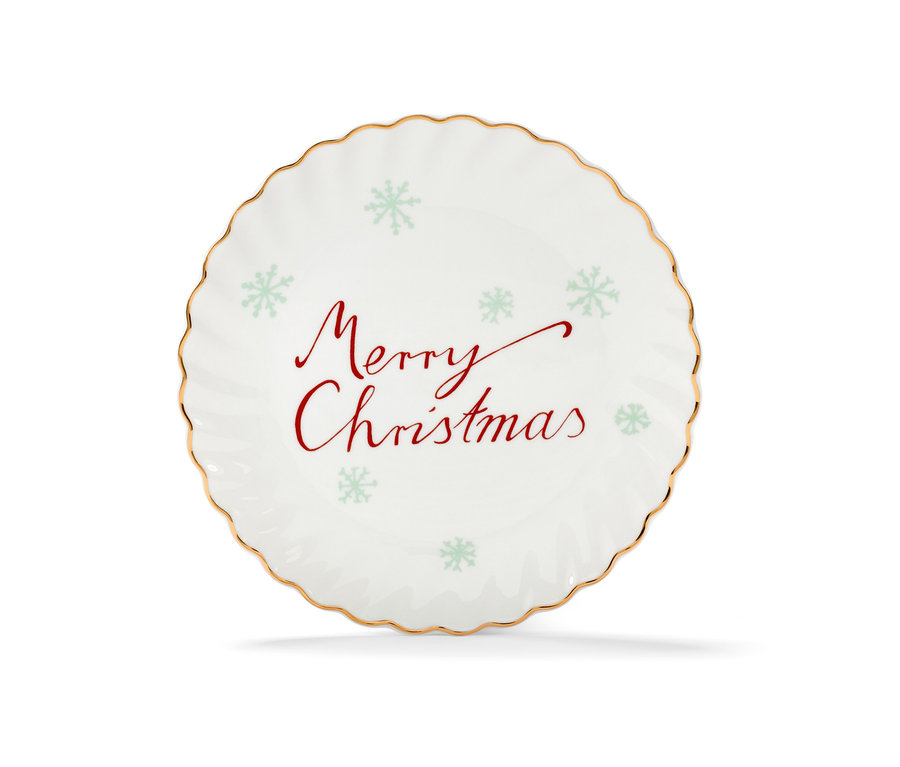 Nahaufnahme von einem der 4 Dessertteller mit Glanzgolddekor. Auf dem weißen Teller stehen die roten Worte "Merry Christmas" und grüne Schneeflocken.