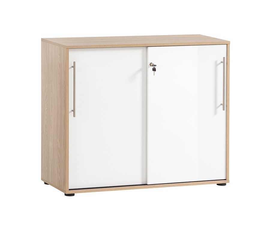 Beiger Aktenschrank »Antero« mit weißen Schiebetüren und silbernen Griffen.