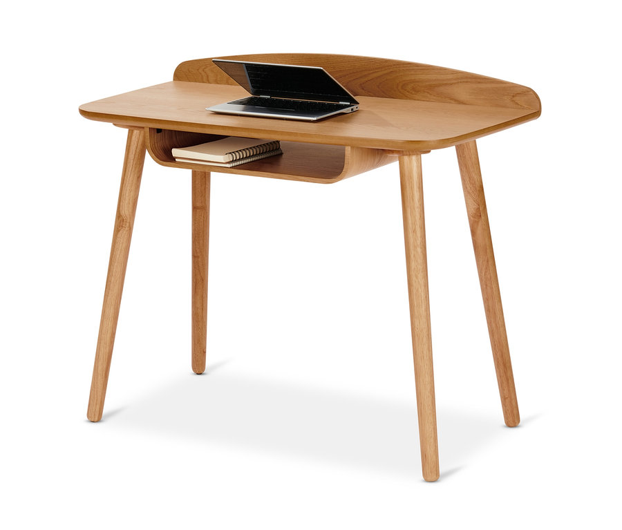 Ein Schreibtisch mit Schublade, auf dem ein Laptop und ein Notizbuch liegen.