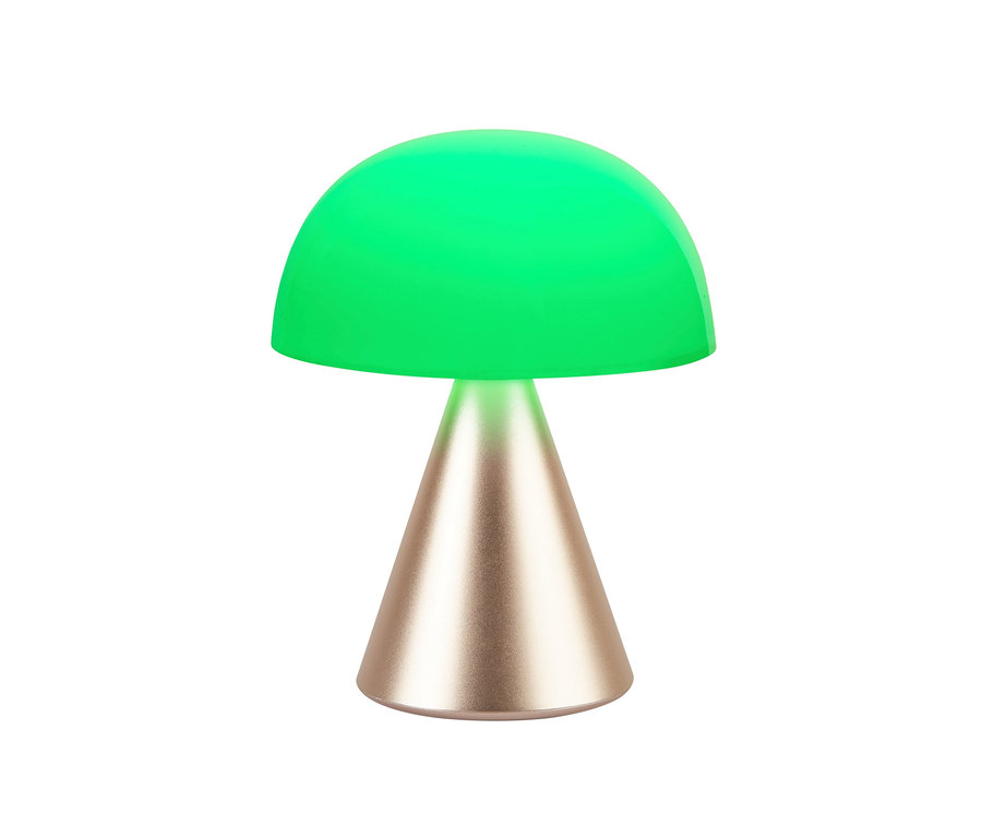 Grüne LED-Lampe auf goldenem Sockel. Die LEXON LED-Akku-Tischleuchte »Mina L« ist goldfarben.