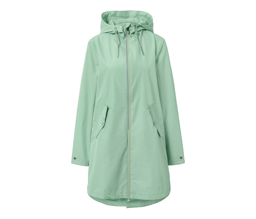 Ein hellgrüner Regenmantel mit Kapuze, Reißverschluss und Taschen.