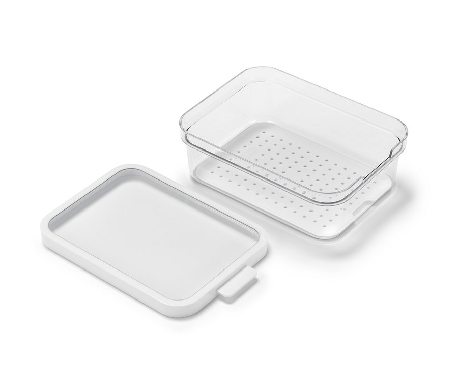 Durchsichtige 3 Kühlschrankordnungsboxen mit weißem Deckel daneben.