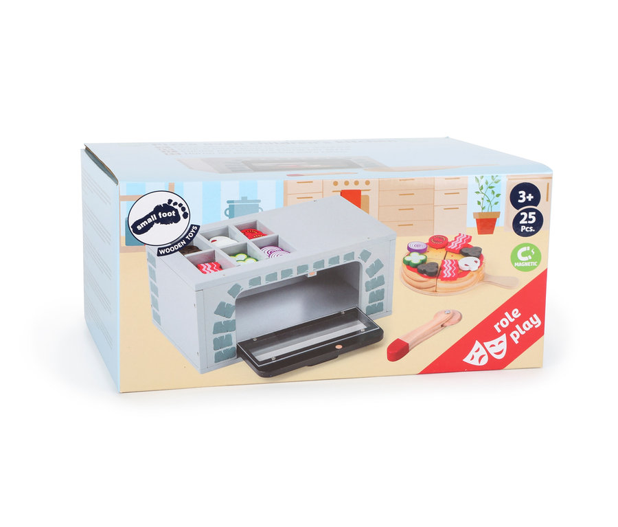 Verpackung des small foot Pizza-Ofen Kinderküche Spielzeugs. Auf der Verpackung sind ein Pizzaofen, eine Pizza und ein Pizzaschneider abgebildet.