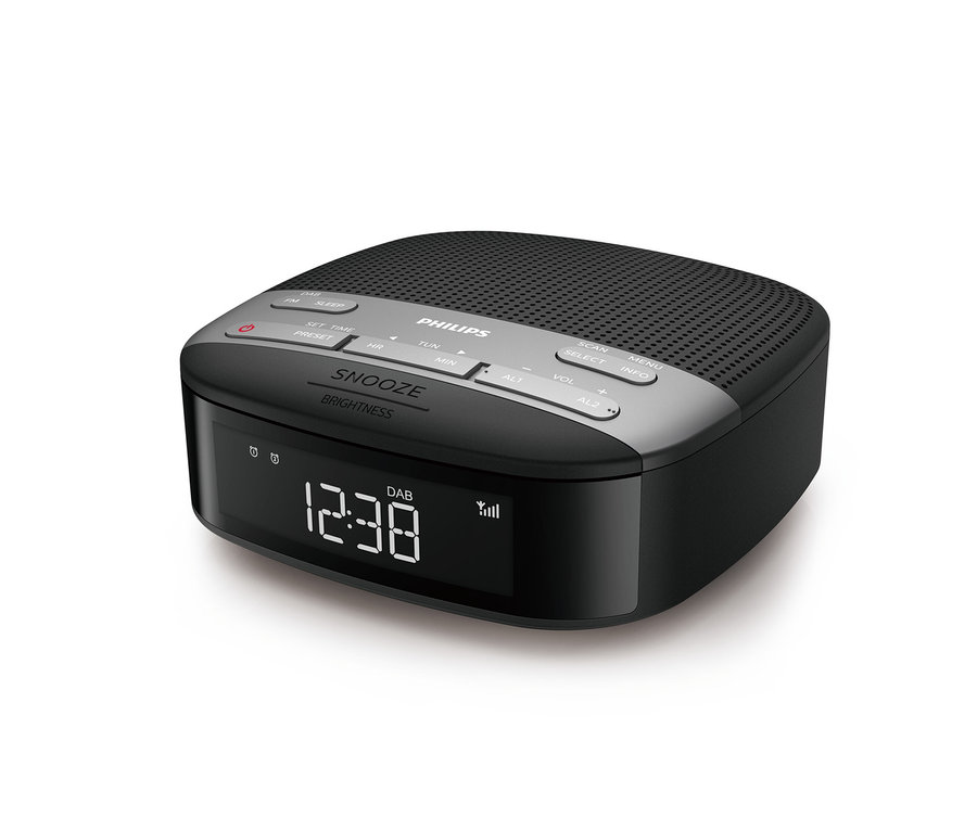 Ein schwarzer Philips Radiowecker »TAR3505« mit Digitalanzeige.