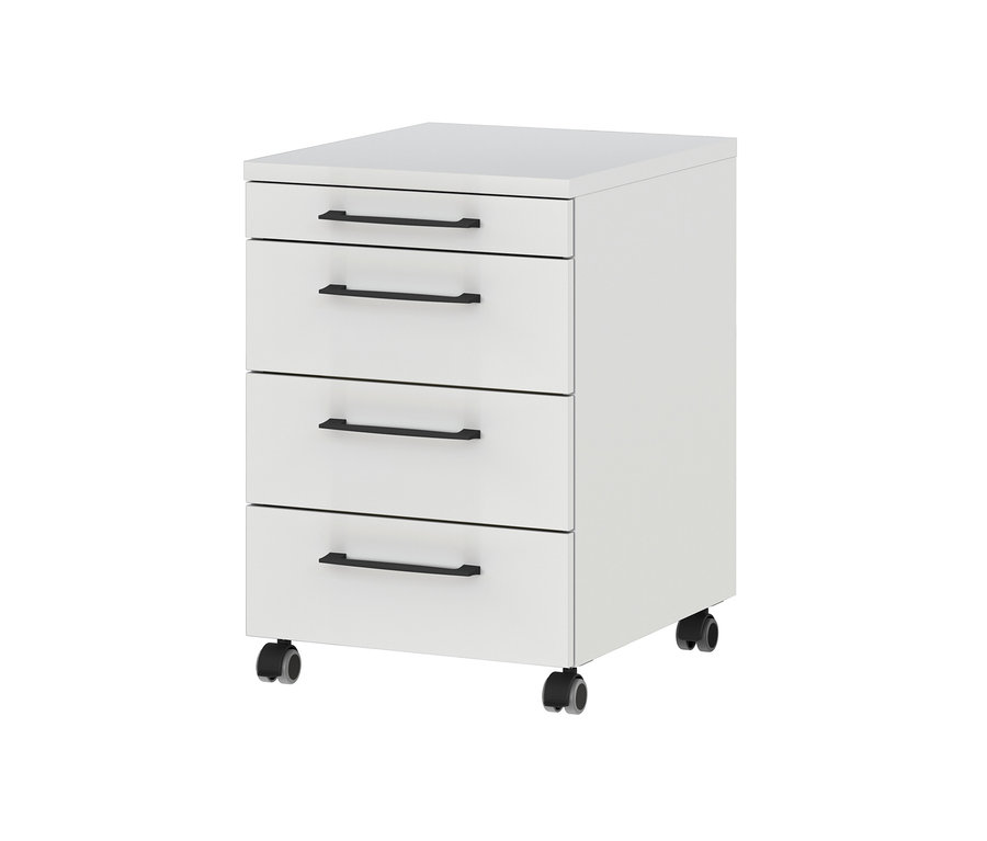 Ein hellgrauer Rollcontainer »Profi« mit vier Schubladen und schwarzen Griffen.