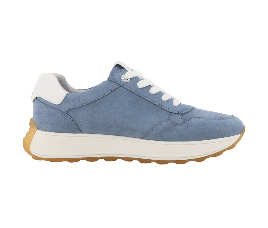 Blauer Tom Tailor Sneaker aus Textil/PU mit weißer Sohle und weißen Schnürsenkeln.