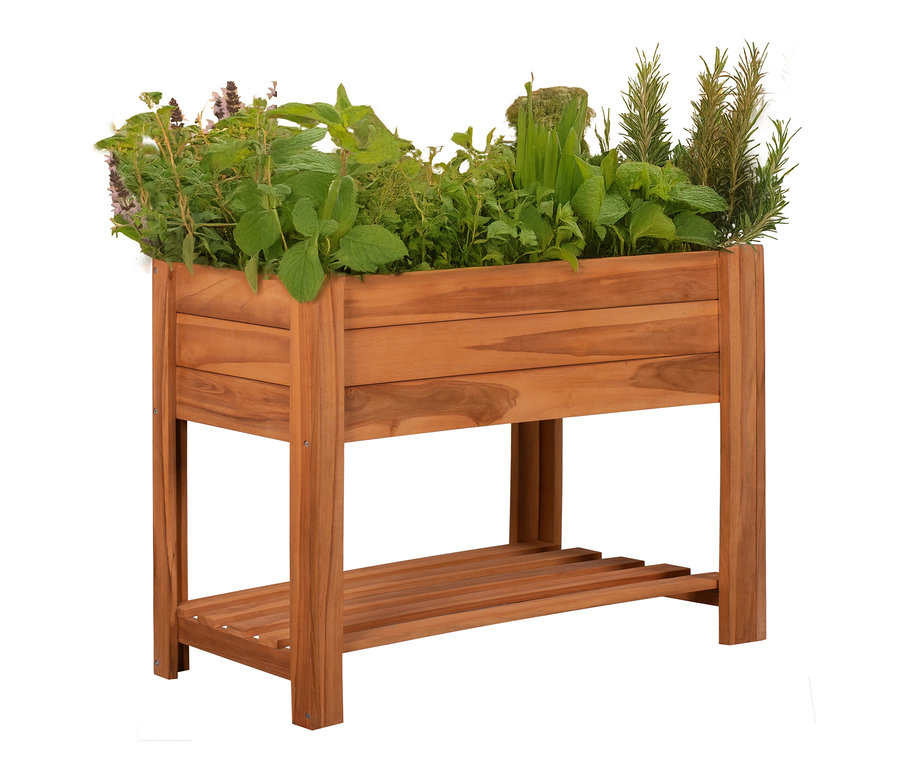 deVries Teak-Hochbeet, 117 x 80 x 40 cm, befüllt mit verschiedenen Kräutern.