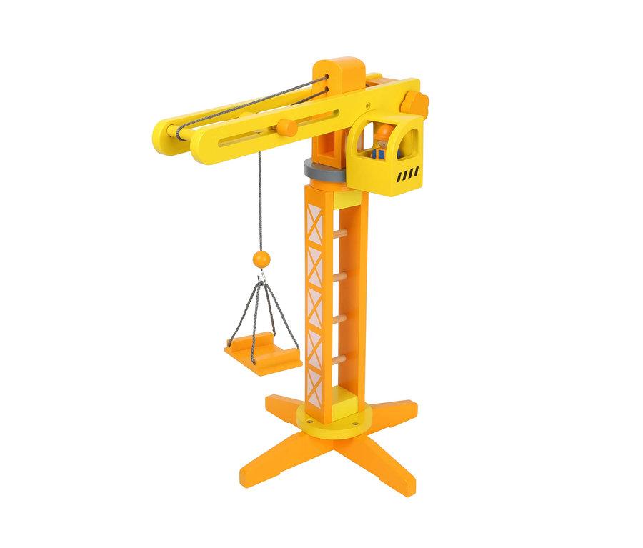 Gelb-orangener small foot Baukran mit Baustellenzubehör und kleiner Arbeiterfigur in der Kabine.