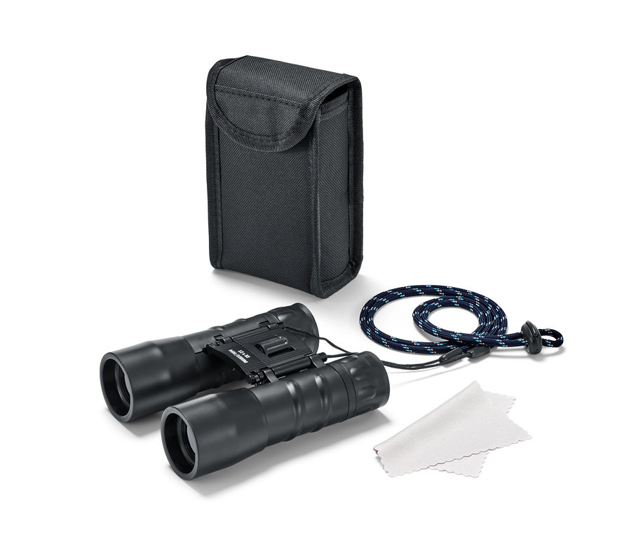 Schwarzes Taschenfernglas »12x32« mit Tasche, Tragekordel und Objektivtuch.
