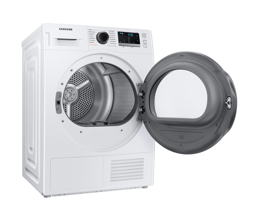 Offener, weißer Samsung Wärmepumpentrockner DV9ETA040AE/EG.