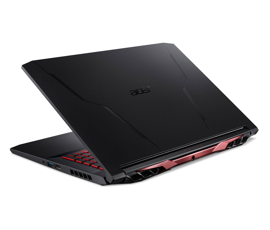 Schwarzes Acer Nitro 5 AN517-54-57CF Gaming-Notebook, Rück- und Seitenansicht, mit rot beleuchteter Tastatur.
