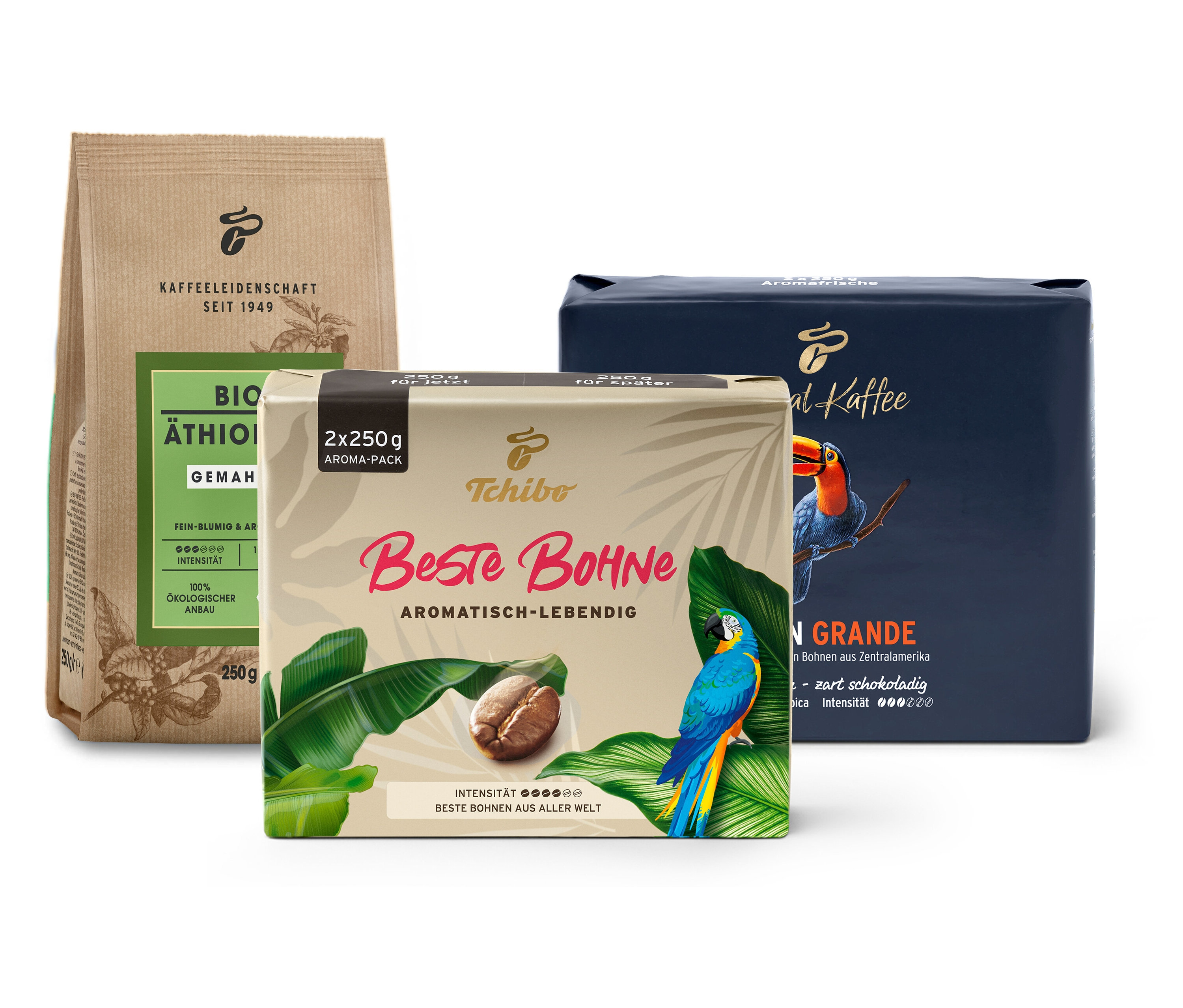 Drei Packungen gemahlener Kaffee verschiedener Marken und Geschmacksrichtungen, darunter Filterkaffee Probierset - Gemahlen.