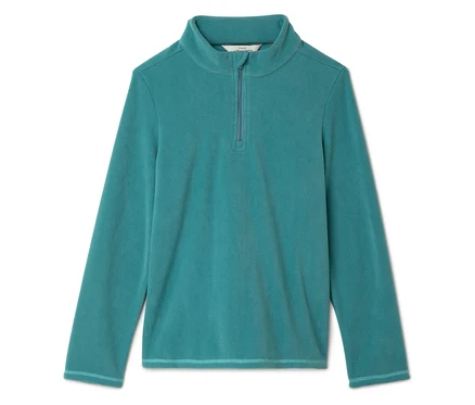 Türkisfarbenes Fleece-Oberteil mit langen Ärmeln und kurzem Reißverschluss.