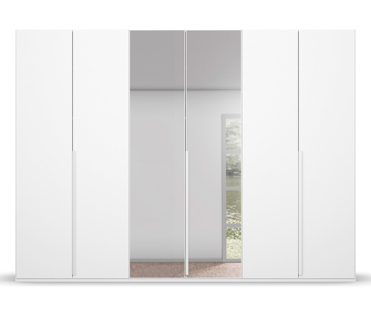 Weißer 6-türiger Spiegel-Kleiderschrank.