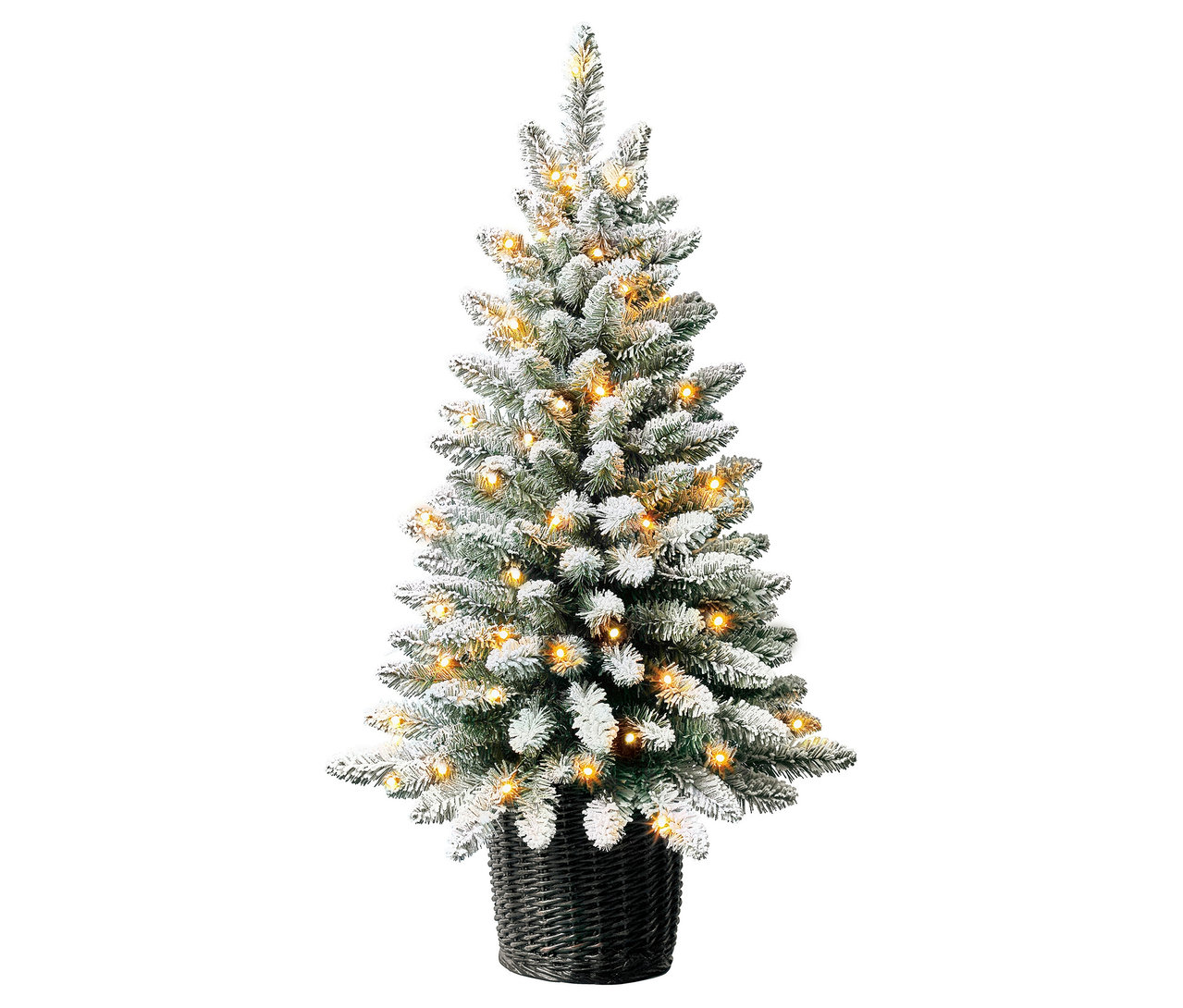 Ein Evergreen LED-Weihnachtsbaum mit geflochtenem Übertopf, ca. 90 cm, steht.