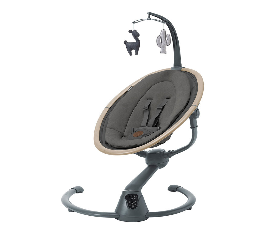Maxi-Cosi Elektrische Schaukel »Cassia« mit grauem Sitz und Spielzeugen.