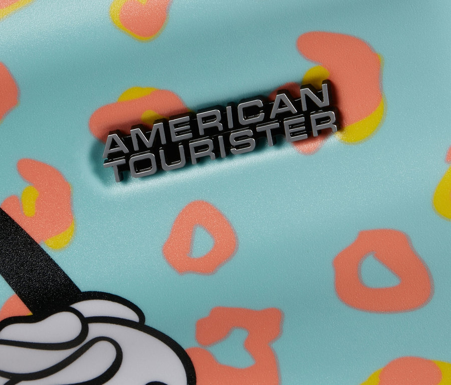 Detail eines großen American Tourister Wavebreaker »Minnie Mouse« Koffers mit Muster und Logo.