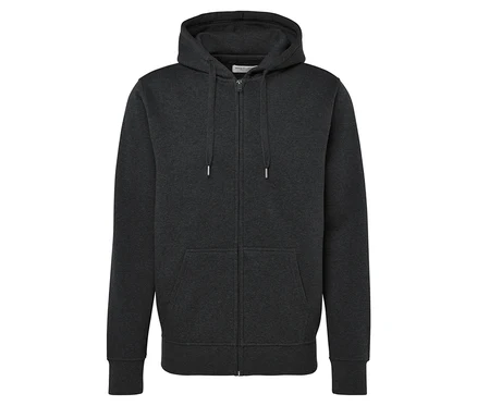 Grauer Kapuzenpullover mit Reißverschluss und Kängurutaschen.