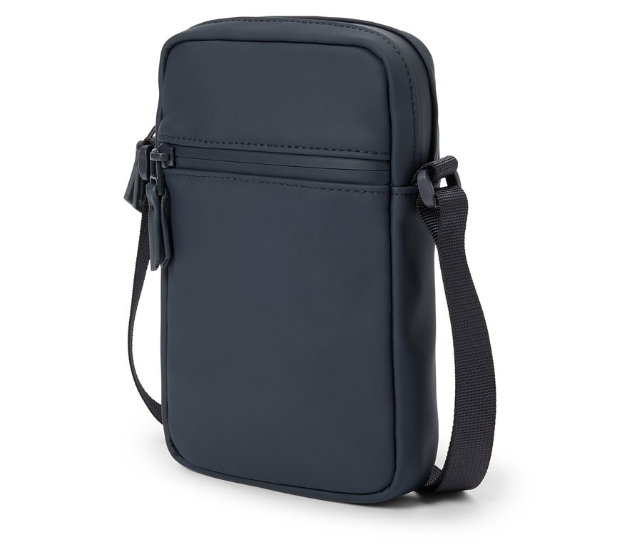 Eine marineblaue Umhängetasche mit Reißverschluss und glatter Oberfläche.