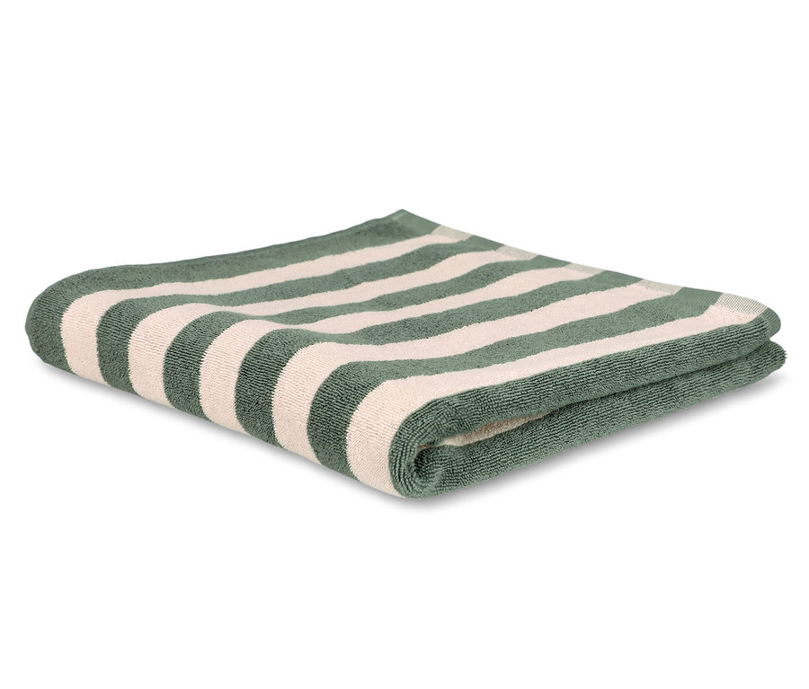 Zusammengelegtes, grün gestreiftes Badetuch der SCHÖNER WOHNEN-Kollektion.