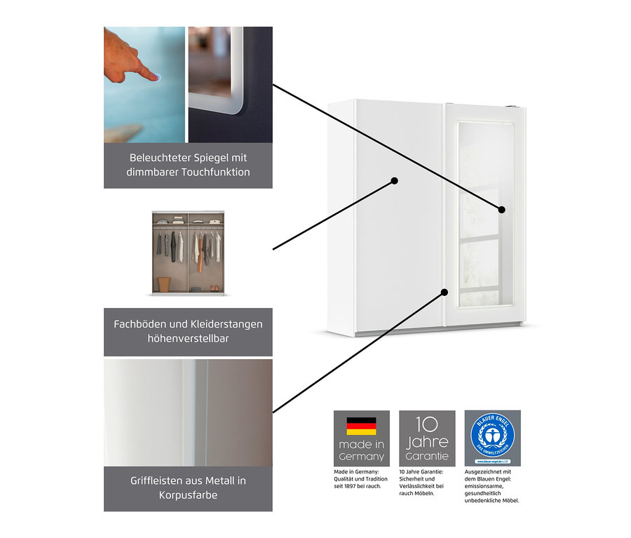 Detailansicht eines zweiteiligen Rauch Schwebetürenschranks »Abraxxas« mit weißen Schwebetüren und Spiegel mit Touchfunktion.