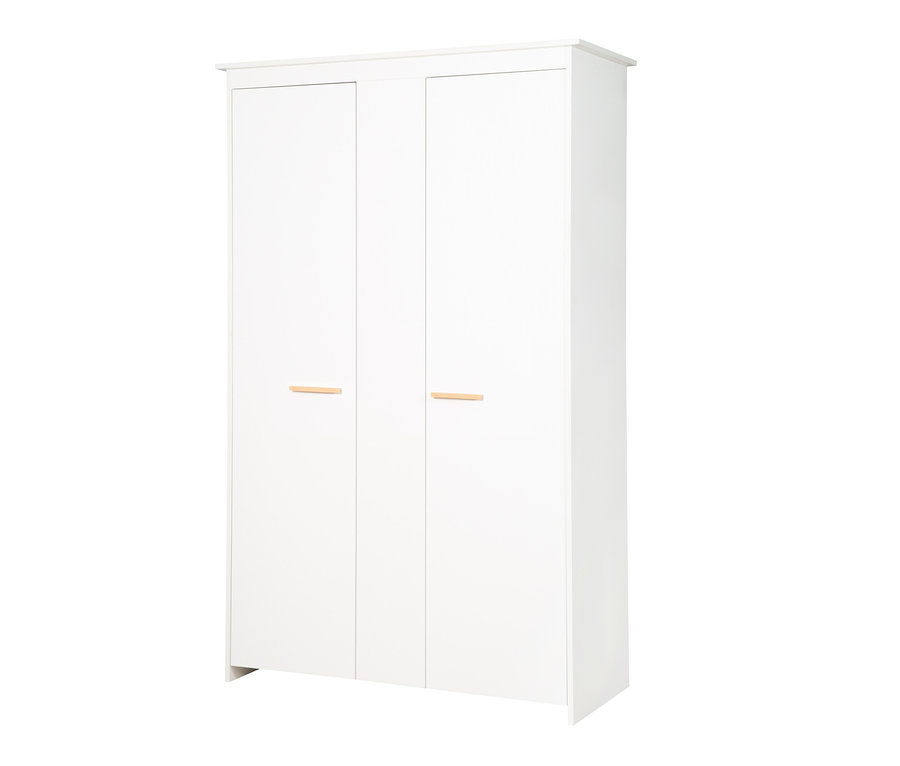 Weißer roba Anton Kleiderschrank mit Holzgriffen.
