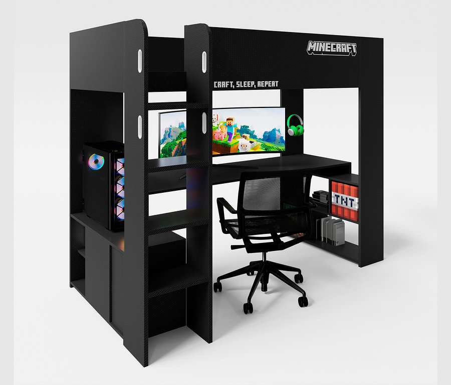 Schwarzes roba Minecraft Gaming-Bett mit Schreibtisch, Stuhl, Computer und Monitoren.